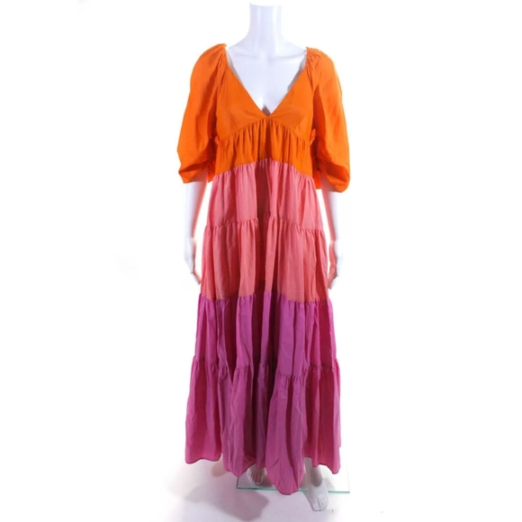 Staud meadow rainbow colorblock multicolor v neck short sleeve tiered maxi dress - Picture 3 of 6